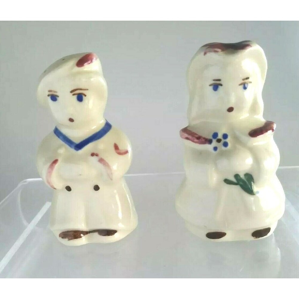 VINTAGE Shawnee Sailor Boy & Bo Peep Girl Salt & Pepper Shakers 3.25" hand paint